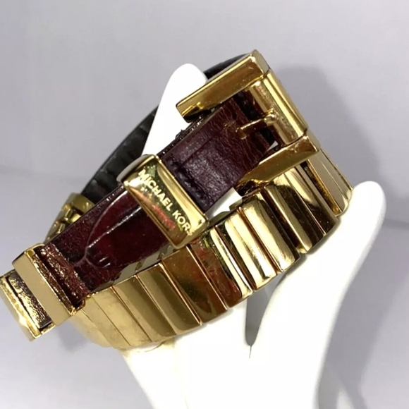 Michael Kors, Gold Bracelet  Sliding Medal Wrap Brown Croc Embossed Leather, EUC - Picture 2 of 5